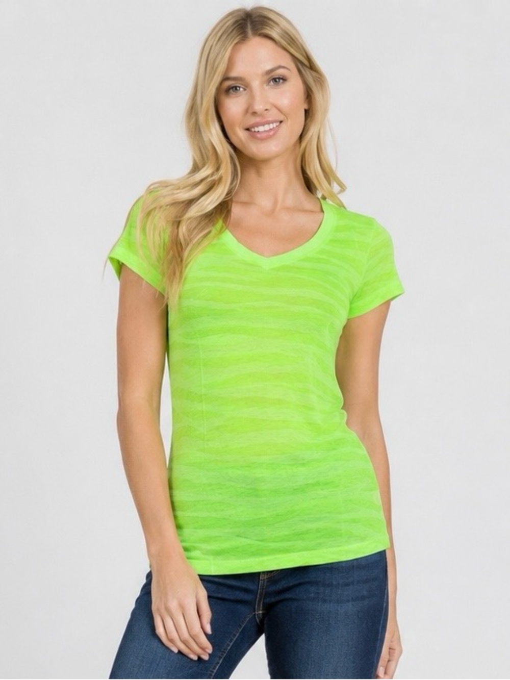 Bozzolo Neon Lime Burnout V-Neck Tee Blouse Top Size Medium Y2K Vibe - A6